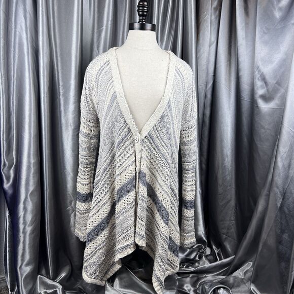 Free People Cardigan Womens M Ivory Blue Asymmetrical Crochet Striped 3‎ Buttons - Picture 9 of 13